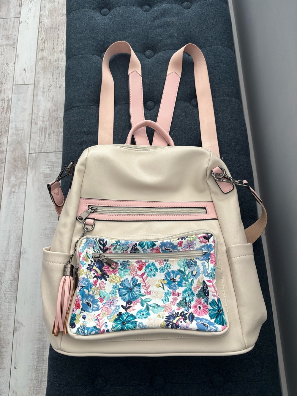 Cream and Pink Floral Front Pocket Women's Backpack